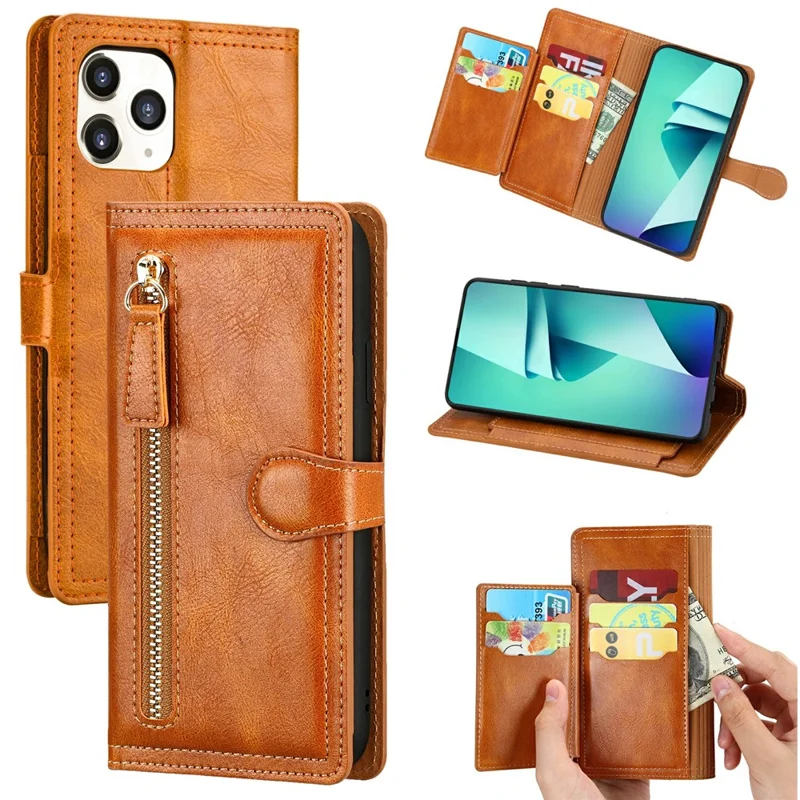 Zipper Pocket Leather Wallet Stand Case for iPhone 12 Pro/12 - Orange