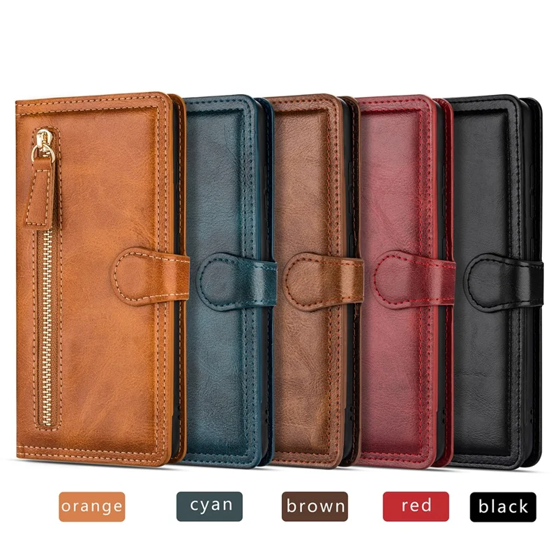 Zipper Pocket Leather Wallet Stand Case for iPhone 12 Pro/12 - Orange