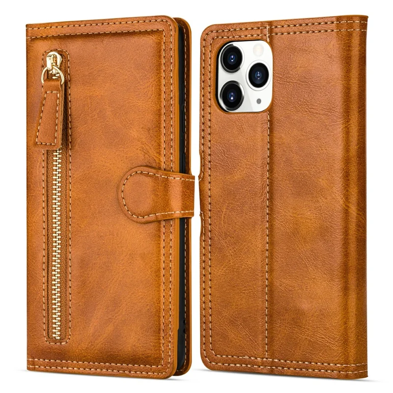 Zipper Pocket Leather Wallet Stand Case for iPhone 12 Pro/12 - Orange