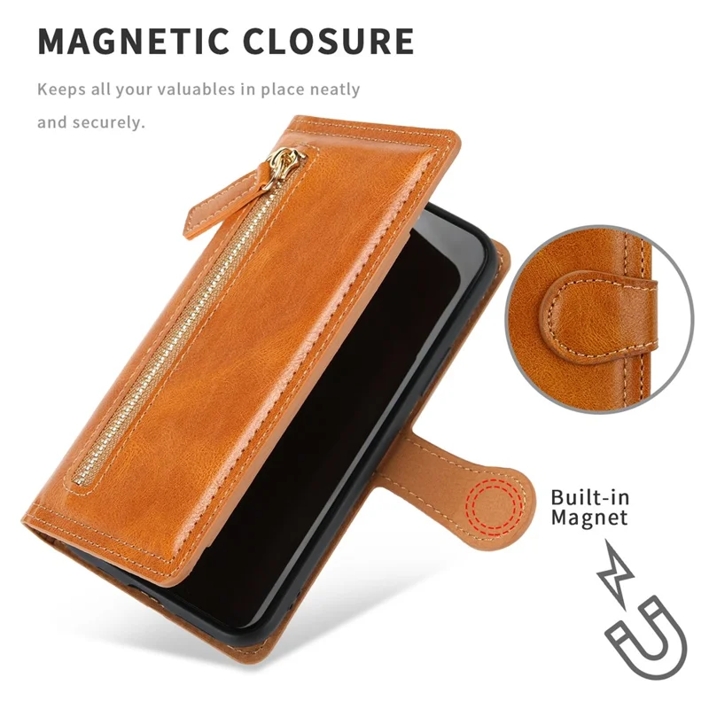 Zipper Pocket Leather Wallet Stand Case for iPhone 12 Pro/12 - Orange