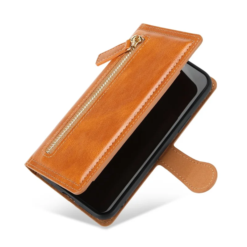 Zipper Pocket Leather Wallet Stand Case for iPhone 12 Pro/12 - Orange