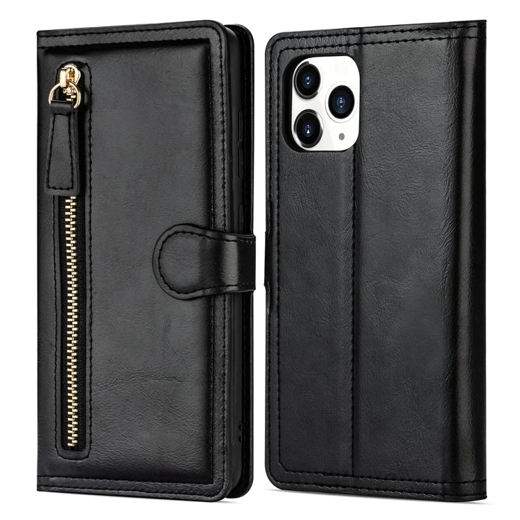 Zipper Pocket Leather Stand Case with Card Slots for iPhone 12 Pro Max 6.7 inch - Black