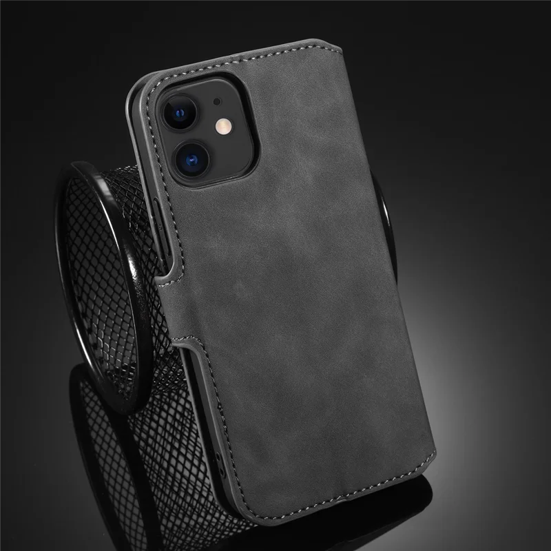 DG.MING Retro Style Leather Wallet Stand Case for iPhone 12 mini - Grey