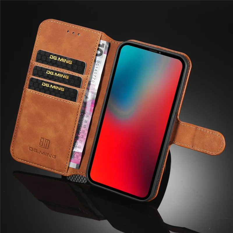 DG.MING Retro Style Leather Wallet Stand Case for iPhone 12 mini - Brown