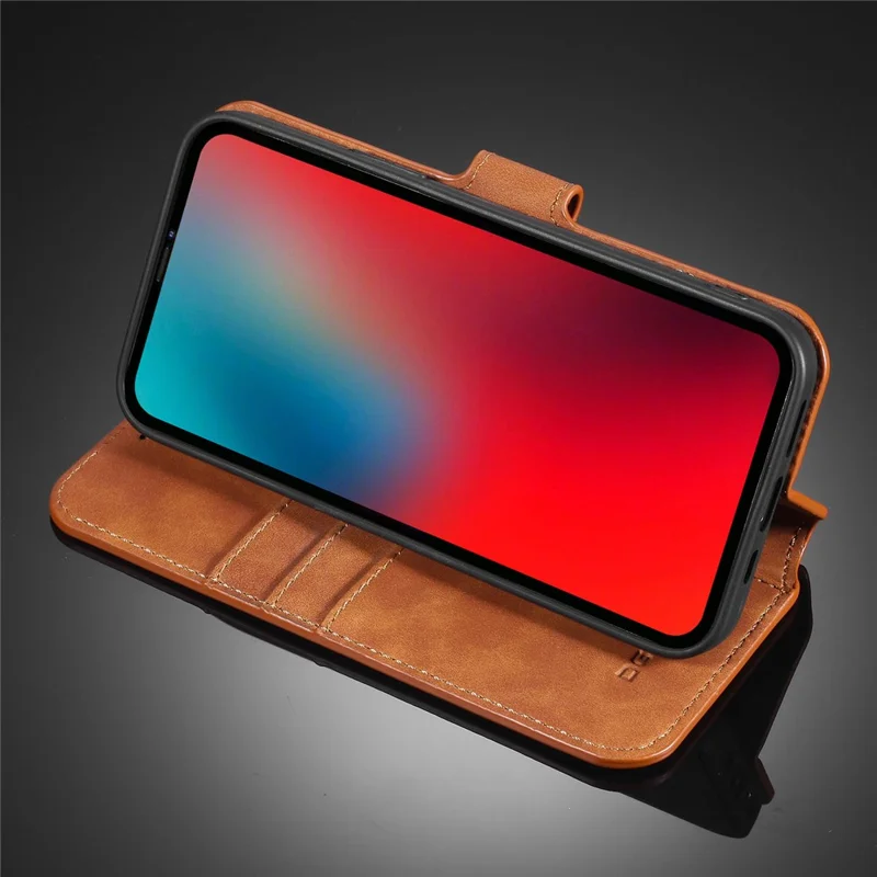 DG.MING Retro Style Leather Wallet Stand Case for iPhone 12 mini - Brown