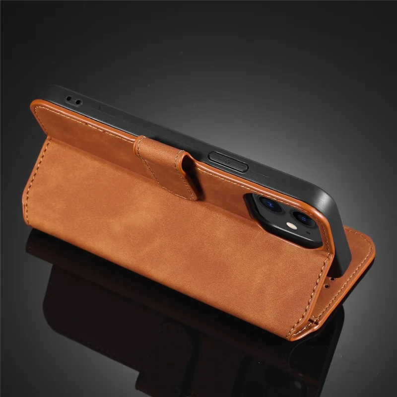 DG.MING Retro Style Leather Wallet Stand Case for iPhone 12 mini - Brown
