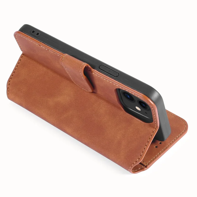 DG.MING Retro Style Leather Wallet Stand Case for iPhone 12 mini - Brown
