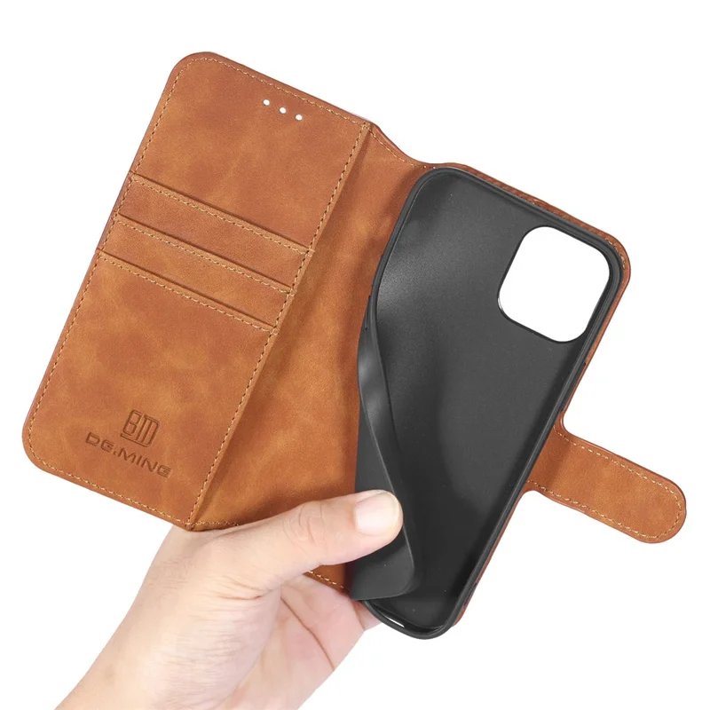 DG.MING Retro Style Leather Wallet Stand Case for iPhone 12 mini - Brown