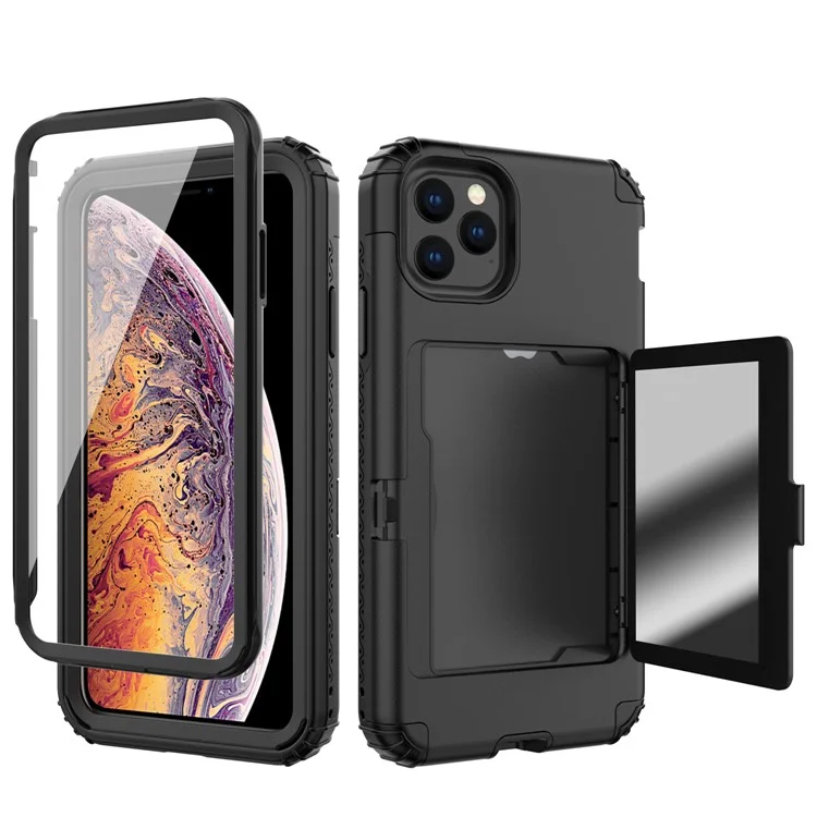 Heavy Duty 3 in 1 PC+TPU Hybrid Shockproof Case with Card Holder Mirror for iPhone 11 Pro 5.8 inch - Black