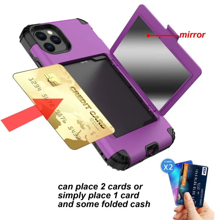 Card Holder with Hidden Mirror Three Layer Shockproof PC+TPU Protective Cover for iPhone 11 Pro Max 6.5 inch - Purple