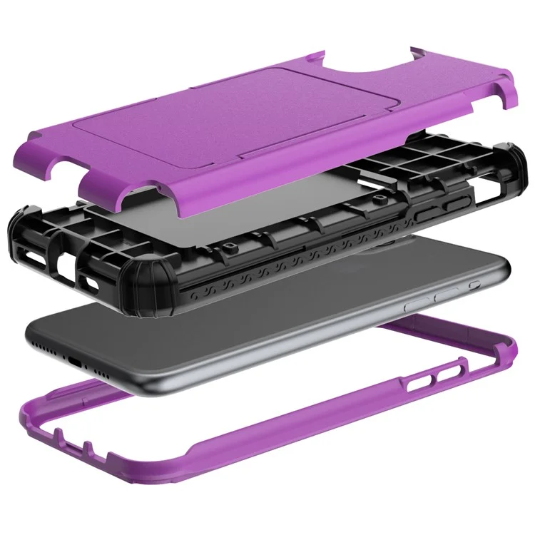 Card Holder with Hidden Mirror Three Layer Shockproof PC+TPU Protective Cover for iPhone 11 Pro Max 6.5 inch - Purple