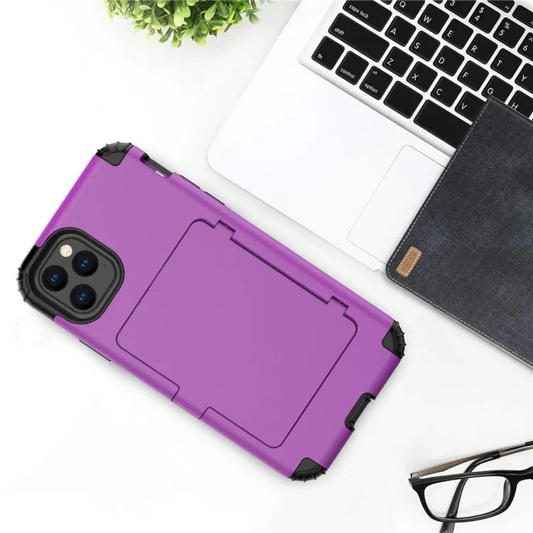 Card Holder with Hidden Mirror Three Layer Shockproof PC+TPU Protective Cover for iPhone 11 Pro Max 6.5 inch - Purple