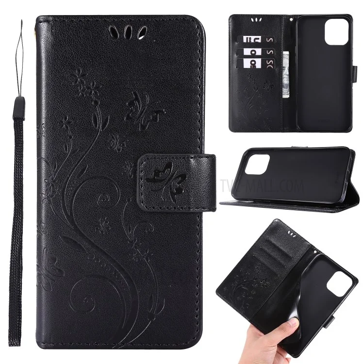 Imprint Butterfly Flower Cover Leather Wallet Case for iPhone 12 Pro Max 6.7-inch - Black