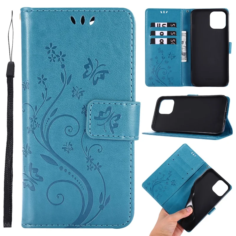 Imprint Butterfly Flower Cover Leather Wallet Case for iPhone 12 Pro Max 6.7-inch - Blue