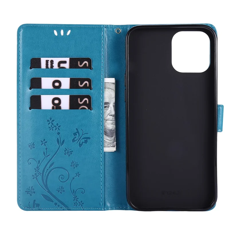 Imprint Butterfly Flower Cover Leather Wallet Case for iPhone 12 Pro Max 6.7-inch - Blue