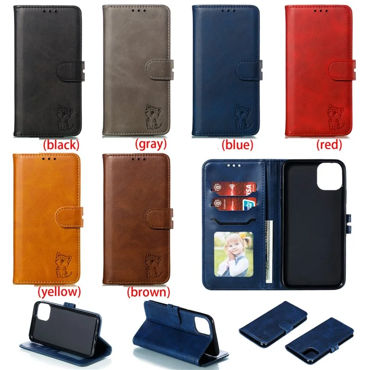 Imprint Happy Cat PU Leather Wallet Stand Phone Cover for iPhone 12 Pro/12 - Blue