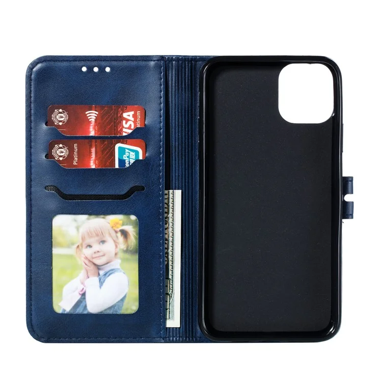 Imprint Happy Cat PU Leather Wallet Stand Phone Cover for iPhone 12 Pro/12 - Blue