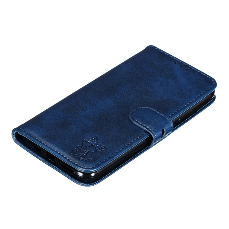 Imprint Happy Cat PU Leather Wallet Stand Phone Cover for iPhone 12 Pro/12 - Blue