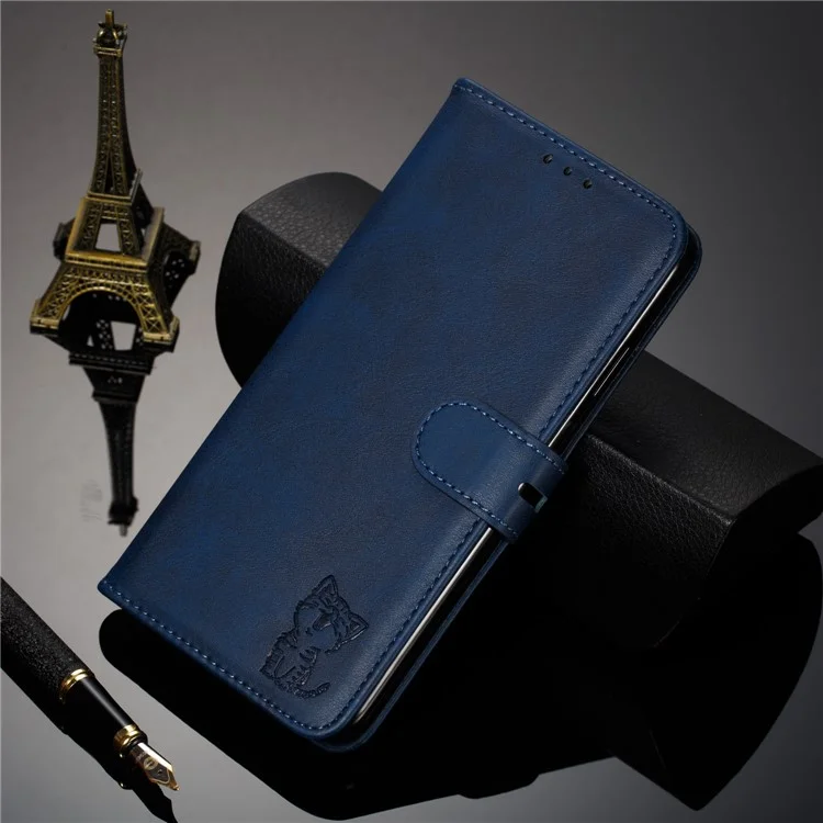 Imprint Happy Cat PU Leather Wallet Stand Phone Cover for iPhone 12 Pro/12 - Blue