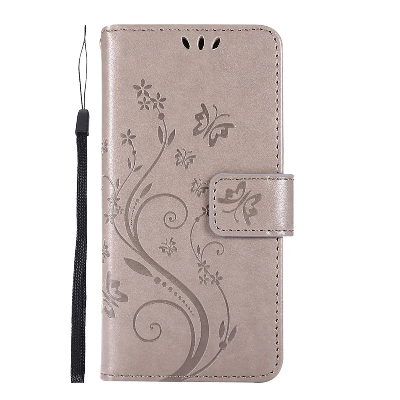 Imprint Butterfly Flower Leather Case with Strap for iPhone 12 mini - Grey