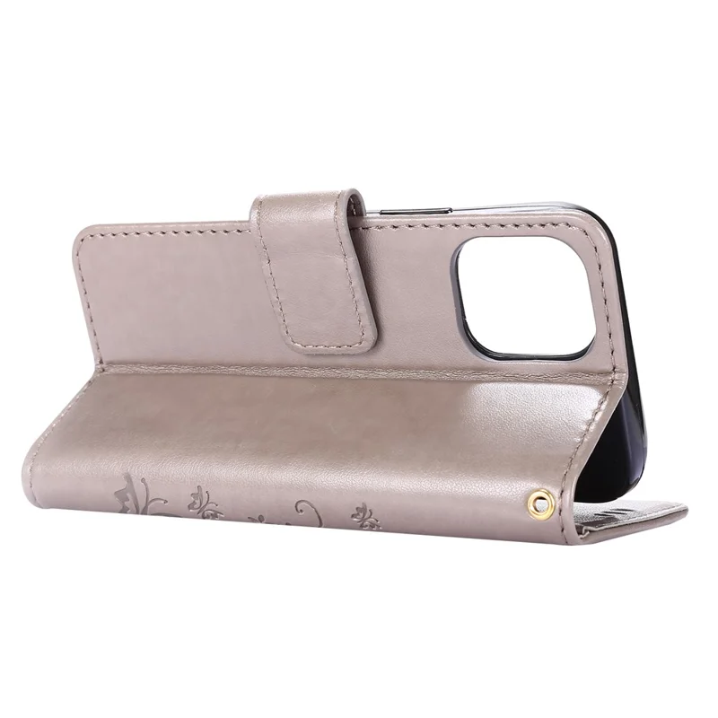 Imprint Butterfly Flower Leather Case with Strap for iPhone 12 mini - Grey