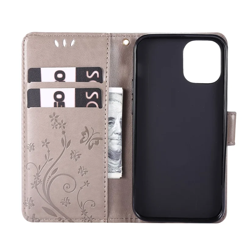 Imprint Butterfly Flower Leather Case with Strap for iPhone 12 mini - Grey
