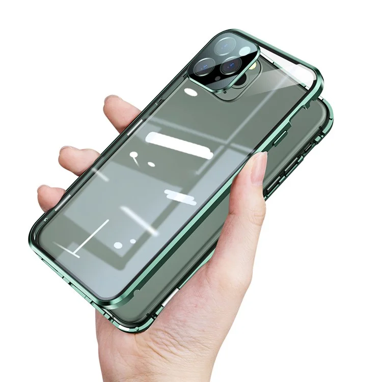 Magnetic Installation Metal Frame + Double Sided HD Tempered Glass Full Covering Case for iPhone 11 Pro 5.8 inch - Green