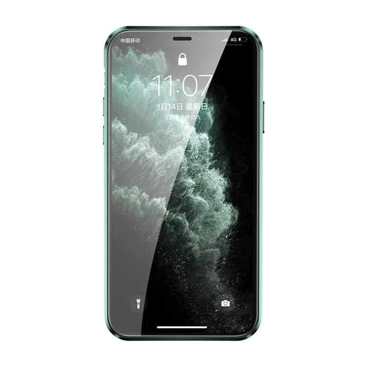 Marco de metal de instalación magnética + Funda de vidrio templado de cobertura completa HD de doble cara transparente para iPhone 11 Pro Max 6.5 pulgadas - Verde