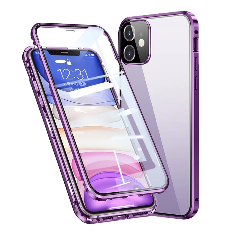 Muti-Color Anti-Scratch Magnetic Installation Metal Frame + Tempered Glass Full Covering Phone Cover for iPhone 11 6.1 inch - Purple