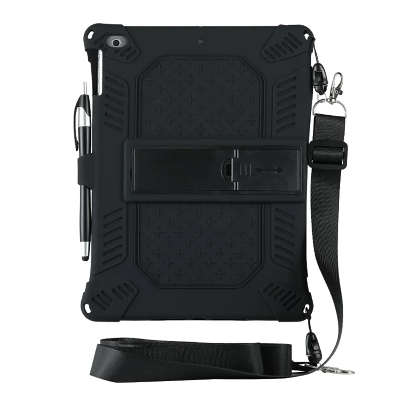 Kickstand PC Soft Silicone Case with Hanging Rope for Apple iPad 9.7-inch (2018)/ iPad 9.7-inch (2017) / iPad 5 / iPad 6 - Black