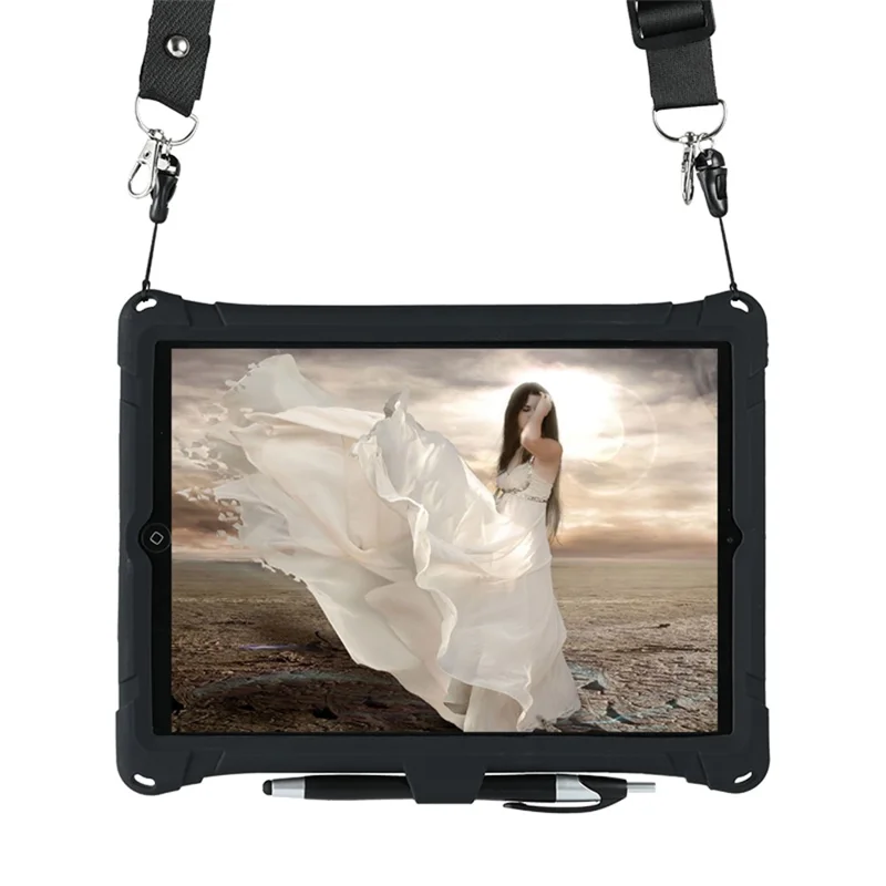 Kickstand PC Soft Silicone Case with Hanging Rope for Apple iPad 9.7-inch (2018)/ iPad 9.7-inch (2017) / iPad 5 / iPad 6 - Black