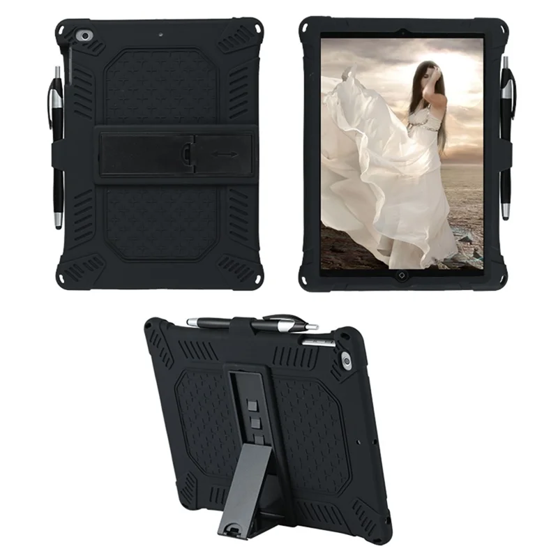 Kickstand PC Soft Silicone Case with Hanging Rope for Apple iPad 9.7-inch (2018)/ iPad 9.7-inch (2017) / iPad 5 / iPad 6 - Black