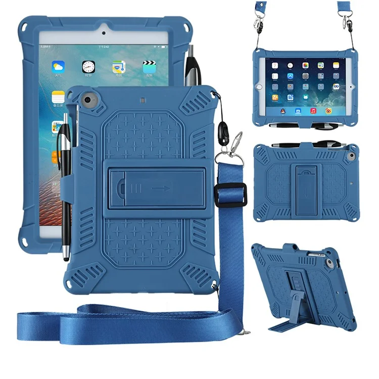 Kickstand PC Soft Silicone Case with Hanging Rope for Apple iPad mini (2019) 7.9 inch/4/3/2/1 - Blue