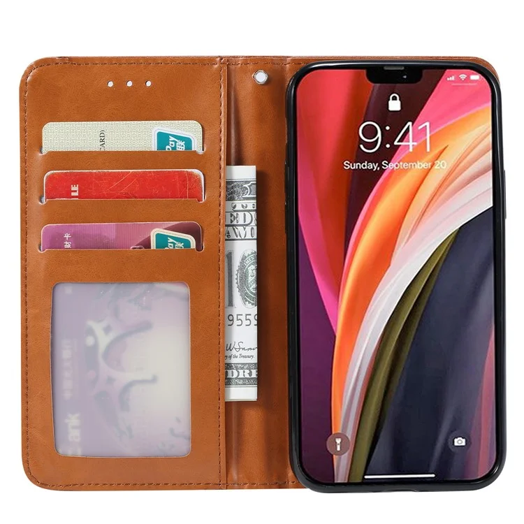 Classic Classic Auto-absorbed Leather Wallet Phone Shell Para Iphone 12 Pro Max 6,7 Polegadas - Castanho