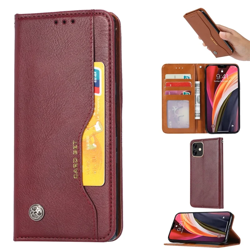 Classic Auto-absorbed Leather Wallet Cover with Stand for iPhone 12 Pro/12 - Wine Red