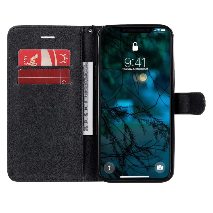 Serie KT Leather-2 Custodia protettiva in pelle tinta unita con supporto portafoglio per iPhone 12 Pro Max 6,7 pollici - Nero