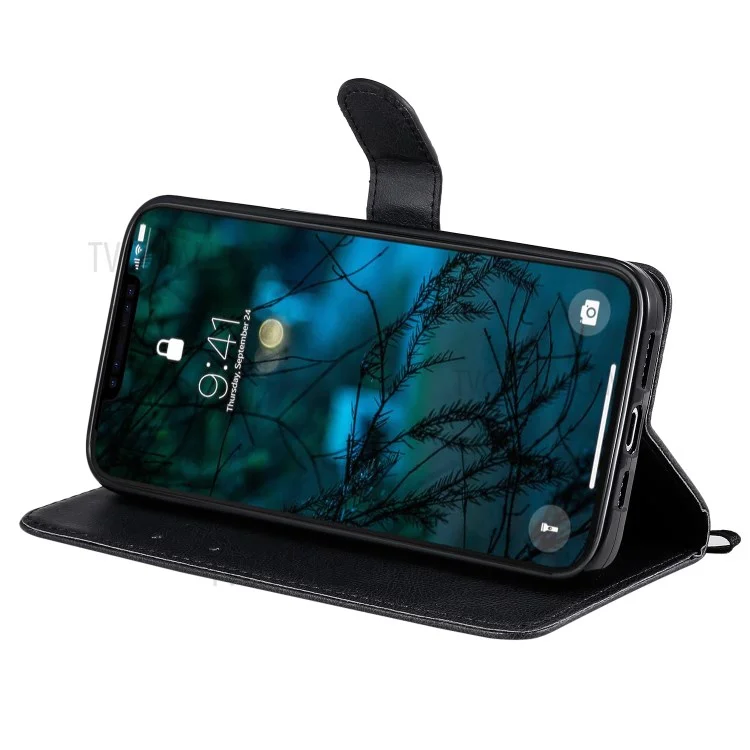 Serie KT Leather-2 Custodia protettiva in pelle tinta unita con supporto portafoglio per iPhone 12 Pro Max 6,7 pollici - Nero