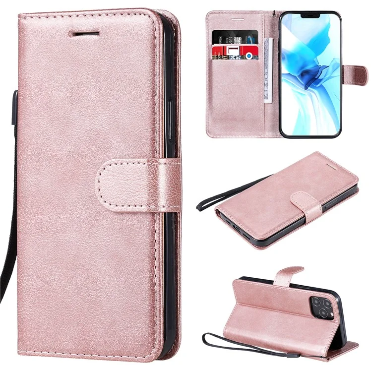 KT Leder Serie-2 Feste Farbbrieftasche Lederhülle Mit Riemen Für Iphone 12 Pro 6,1 Zoll - Roségold