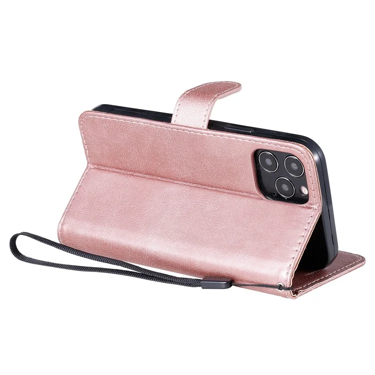 KT Leather Series-2 Solid Color Wallet Case de Cuero Con Correa Para Iphone 12 Pro 6.1 Pulgadas - Oro Rosa