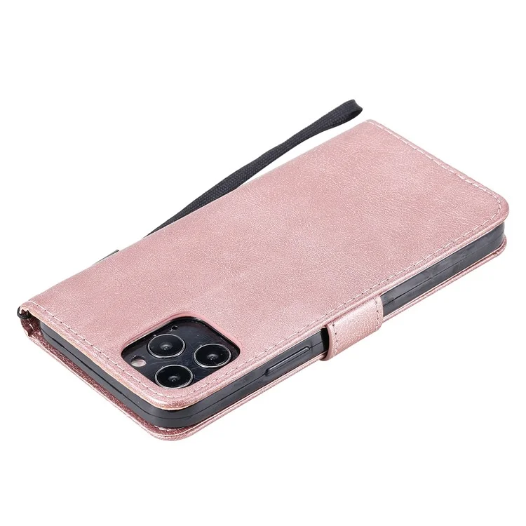 KT Leather Series-2 Solid Color Wallet Stand Leather Case with Strap for iPhone 12 Pro 6.1 inch - Rose Gold