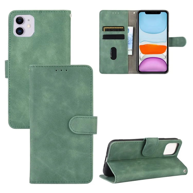 Skin-touch PU Leather Wallet Protective Cover for iPhone 12 Pro/12 - Green