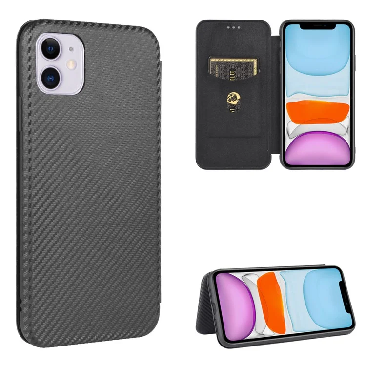 Carbon Fiber Auto-absorbed Stand Leather Mobile Case for iPhone 12 Pro/12 - Black