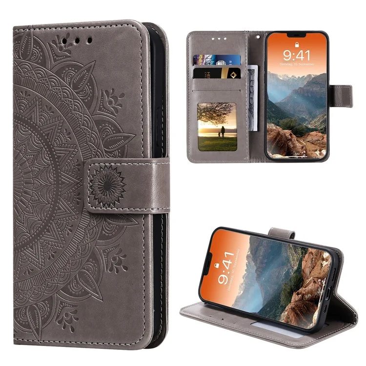 Imprinted Mandala Flower Wallet Leather Flip Cover with Strap for iPhone 12 Pro Max 6.7 inch - Grey