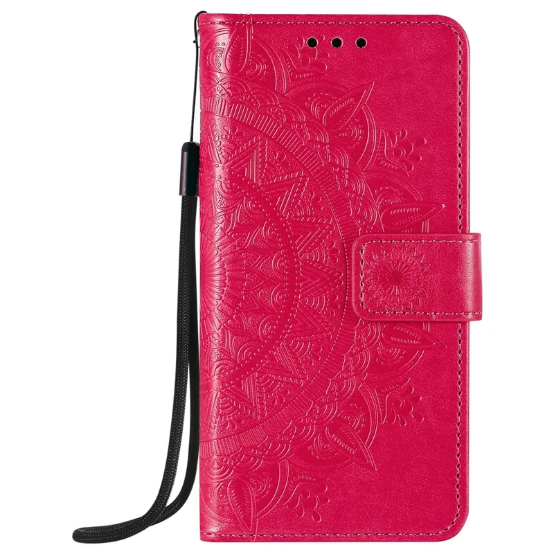 Mandala Flower Imprinted PU Leather Magnetic Wallet Case TPU Inner Flip Folio Stand Cover with Strap for iPhone 12 / 12 Pro 6.1 inch - Red