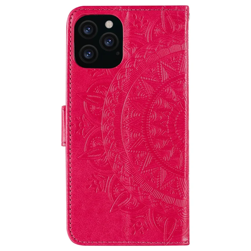 Mandala Flower Imprinted PU Leather Magnetic Wallet Case TPU Inner Flip Folio Stand Cover with Strap for iPhone 12 / 12 Pro 6.1 inch - Red