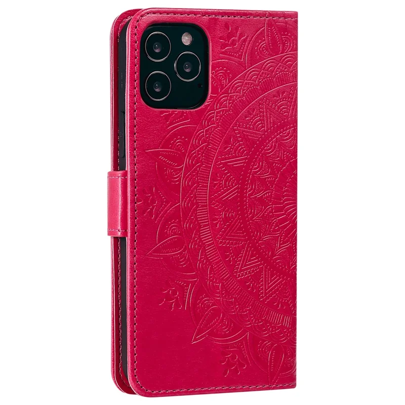 Mandala Flower Imprinted PU Leather Magnetic Wallet Case TPU Inner Flip Folio Stand Cover with Strap for iPhone 12 / 12 Pro 6.1 inch - Red