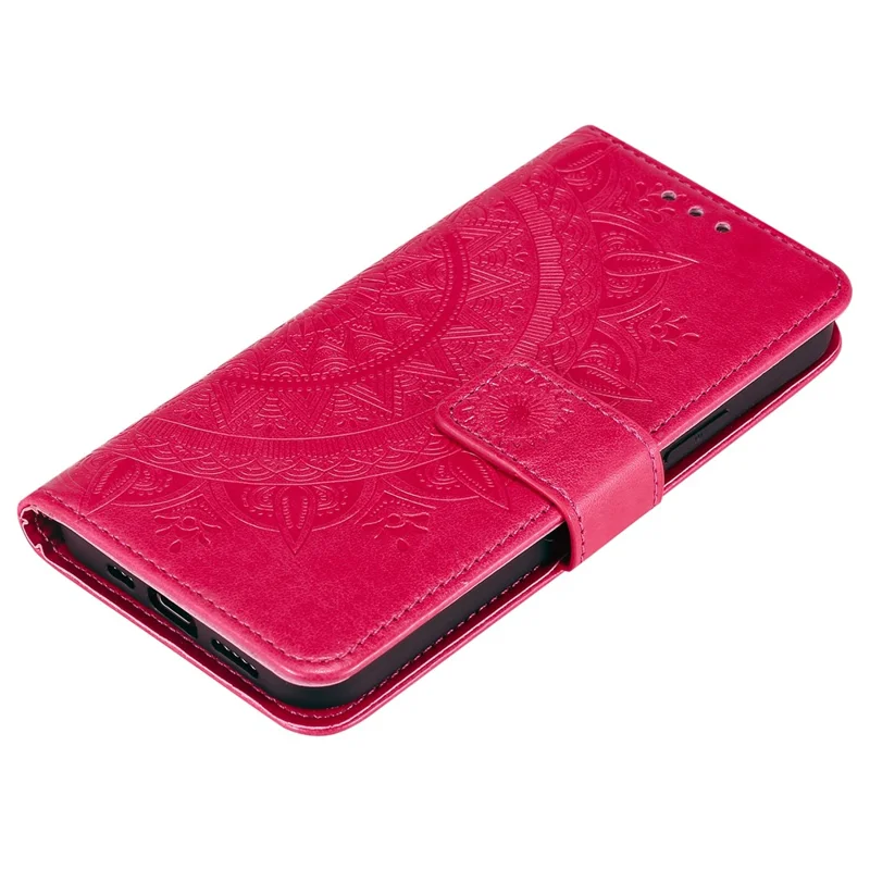Mandala Flower Imprinted PU Leather Magnetic Wallet Case TPU Inner Flip Folio Stand Cover with Strap for iPhone 12 / 12 Pro 6.1 inch - Red