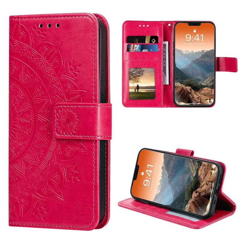 Mandala Flower Imprinted PU Leather Magnetic Wallet Case TPU Inner Flip Folio Stand Cover with Strap for iPhone 12 / 12 Pro 6.1 inch - Red