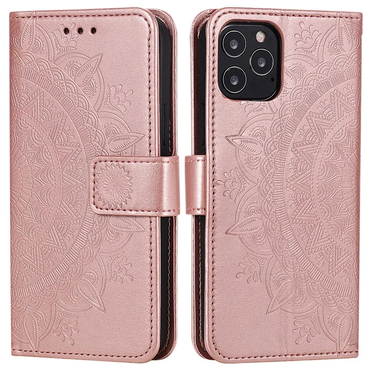 Mandala Flower Imprinted PU Leather Magnetic Wallet Case TPU Inner Flip Folio Stand Cover with Strap for iPhone 12 / 12 Pro 6.1 inch - Rose Gold