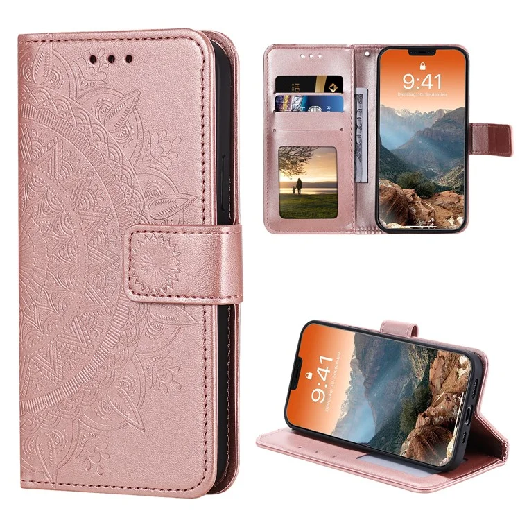 Portafoglio in pelle magnetica con fiore mandala impresso, custodia con stand pieghevole per iPhone 12 / 12 Pro 6.1 pollici - Oro rosa